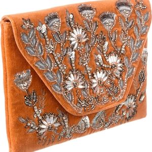 Roller Rabit Velvet Clutch w/ Chain Beaded, Crystal Floral Orange Velvet